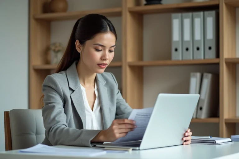 Femme consultant ses documents Arkévia sur un ordinateur portable depuis son bureau à domicile après un changement d'employeur