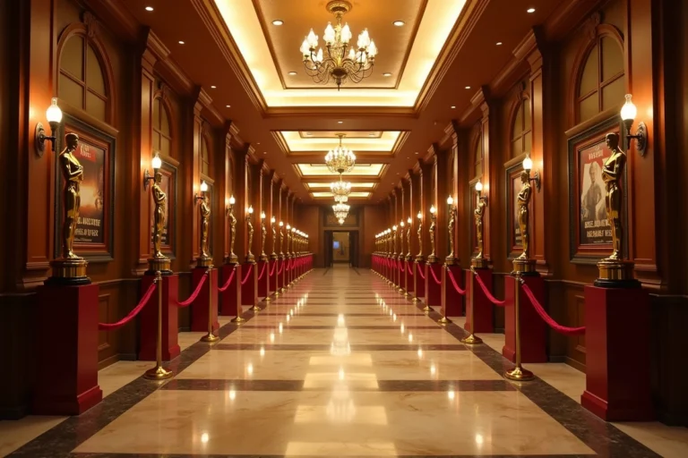 Hall de théâtre hollywoodien avec statuettes dorées et affiches de films classiques, évoquant le prestige du cinéma mondial