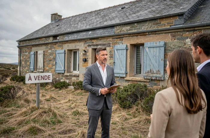 Agent immobilier présentant une maison en pierre à vendre en Lozère dans le cadre d'une procédure de divorce