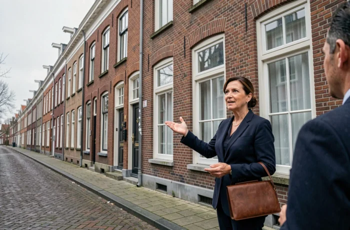Agente immobilière présentant une maison en briques belge traditionnelle à Bruxelles à un acheteur potentiel