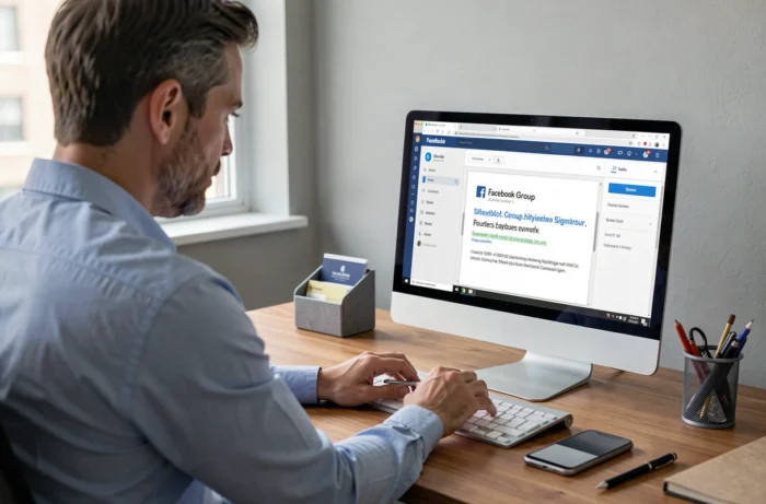 Un homme ajoutant le lien de son groupe Facebook dans sa signature email et ses points de contact existants