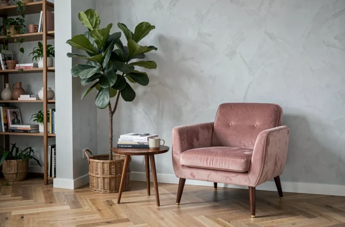 Coin salon décoré avec un fauteuil en velours rose, une table en noyer et une plante verte dans un appartement moderne