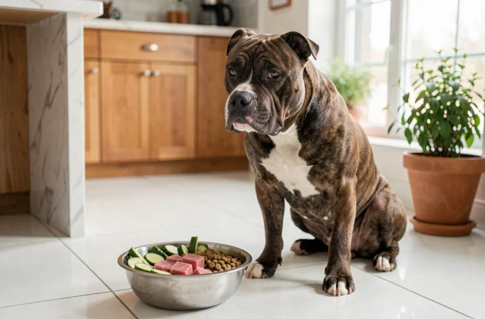 American Bully assis à côté d'un bol rempli d'une alimentation équilibrée composée de viande, légumes et croquettes dans une cuisine moderne