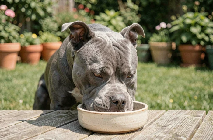 American Bully adulte mangeant dans un bol en céramique sur une terrasse en bois entourée d'un jardin verdoyant, illustrant une alimentation saine au quotidien