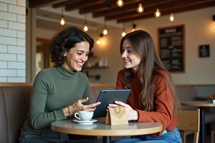 Deux amies consultant ensemble un site de shopping tendance sur une tablette dans un café