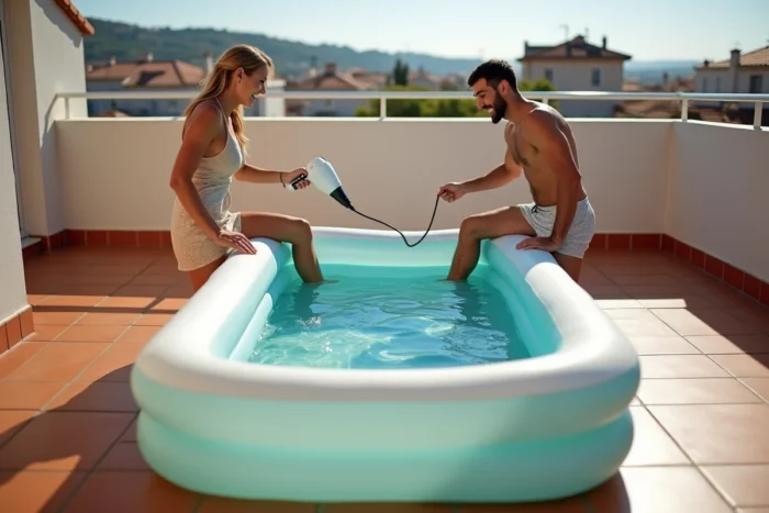 Deux amis gonflant ensemble une grande piscine gonflable avec un sèche-cheveux sur un balcon