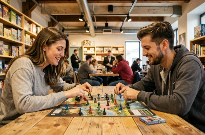 Deux amis jouant à un jeu de société dans un café moderne, loisir social et convivial