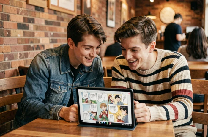 Deux amis lisant un manga BL sur tablette ensemble dans un café urbain