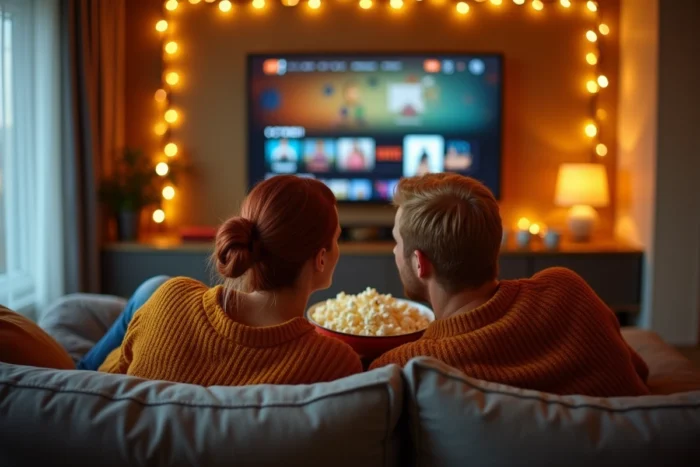 Deux amis regardant ensemble les nouveautés streaming d'octobre sur grand écran dans un appartement moderne et cosy