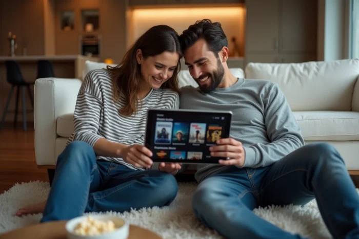 Deux amis cherchant ensemble des sites de streaming alternatifs sur une tablette dans un appartement