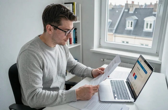 Jeune homme analysant un contrat de prêt hypothécaire et des documents financiers pour un achat immobilier en Belgique