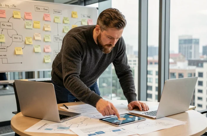 Professionnel analysant un diagramme de workflow pour intégrer un nouvel outil sans perturber les processus existants