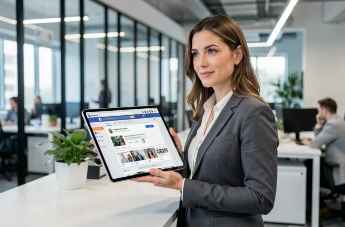 Une femme associant un groupe Facebook à une page existante depuis une tablette dans un bureau moderne