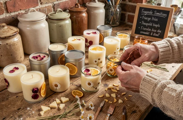 Atelier artisanal de fabrication de bougies végétales avec bougies en cours, ingrédients naturels et outils sur une table en chêne brut