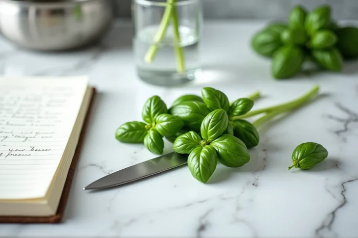 Tiges de basilic fraîchement coupées sur un plan de travail en marbre avec un couteau et des notes de jardinage