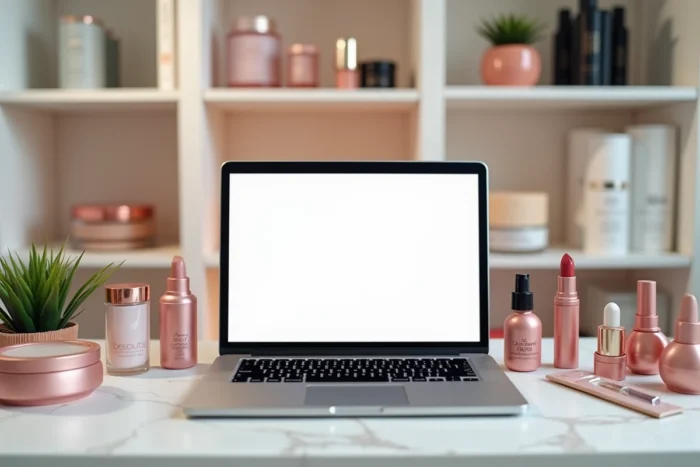 Bureau de blogueuse beauté organisé avec un ordinateur affichant un plan de site et des produits cosmétiques soigneusement disposés
