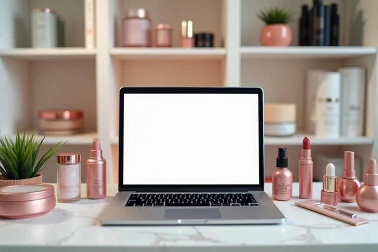 Bureau de blogueuse beauté organisé avec un ordinateur affichant un plan de site et des produits cosmétiques soigneusement disposés