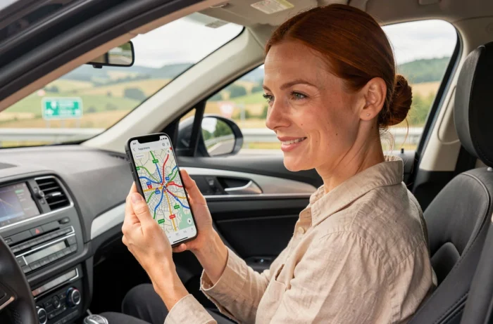 Femme consultant une carte des autoroutes françaises sur smartphone depuis l'habitacle d'une voiture