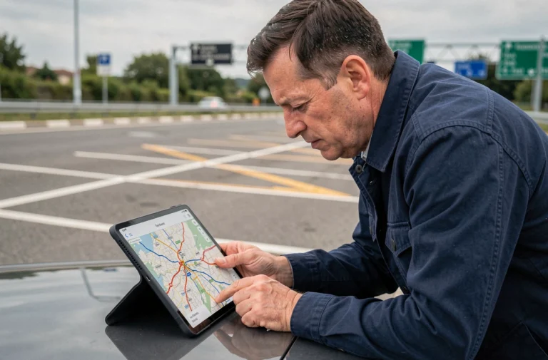 Homme consultant une carte interactive des autoroutes françaises sur une tablette dans une aire de repos