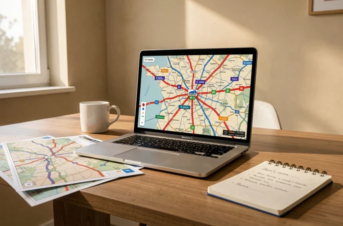 Bureau avec ordinateur affichant la carte interactive des autoroutes françaises pour planifier un trajet en 2026