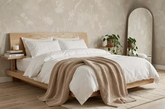 Chambre minimaliste apaisante avec literie en coton blanc, miroir arqué et décoration naturelle en bois de chêne