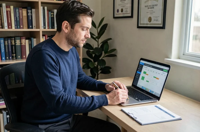 Chercheur CNRS gérant ses congés sur un portail en ligne depuis son bureau à domicile avec agenda papier