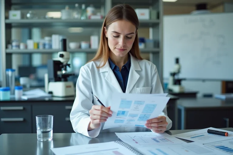 Chercheuse en blouse blanche analysant des données scientifiques dans un laboratoire universitaire moderne