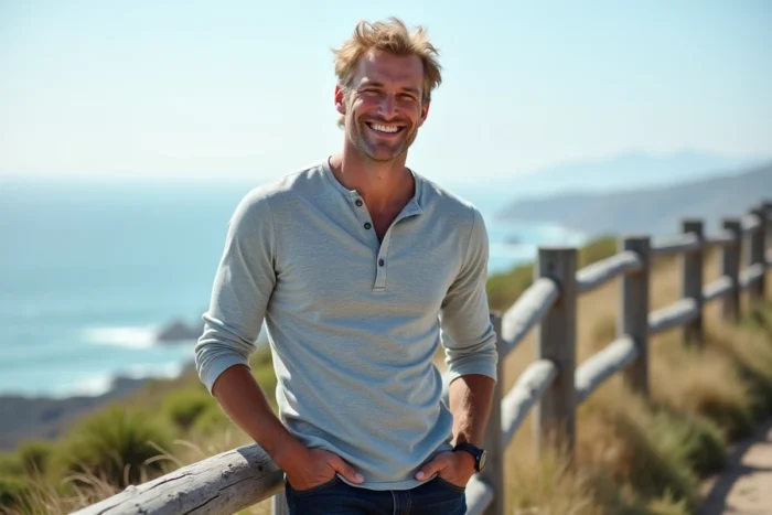 Homme grand et athlétique aux cheveux blonds décoiffés souriant appuyé sur une clôture en bois sur une falaise côtière, inspiré du style de Chris Hemsworth