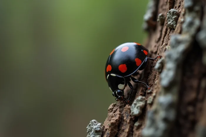 Coccinelle noire à taches rouges grimpant sur l'écorce rugueuse d'un arbre en forêt