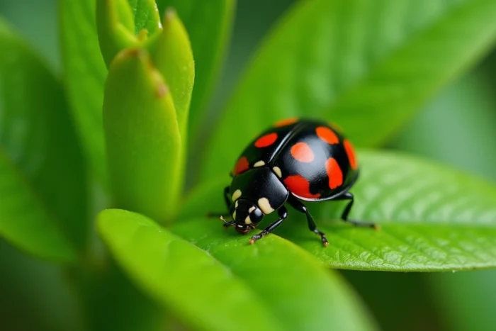 Coccinelle noire à points rouges posée sur une feuille verte en gros plan macro réaliste