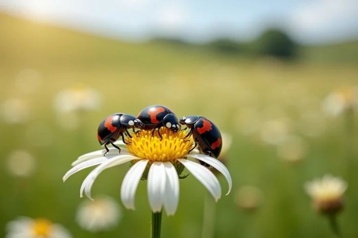 Groupe de coccinelles noires à points rouges rassemblées sur des fleurs sauvages dans une prairie
