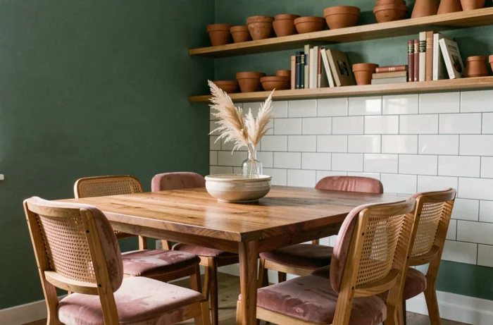 Coin repas contemporain avec table en bois mi-siècle, chaises en velours rose et décoration en céramique artisanale