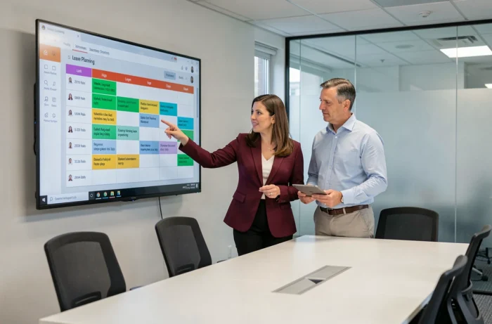 Deux collègues du CNRS consultant ensemble un tableau de bord de planification des congés sur un grand écran en salle de réunion