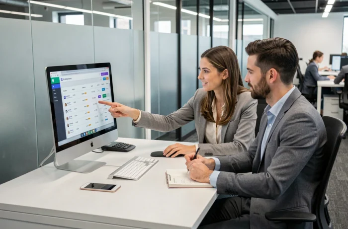 Deux collègues consultant ensemble un espace client en ligne sur un ordinateur de bureau au bureau