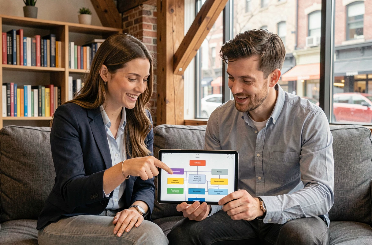 Deux collègues collaborant sur un plan de site affiché sur une tablette dans un espace de coworking moderne
