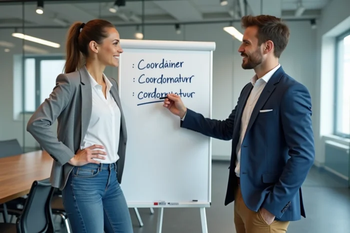 Deux collègues en salle de réunion débattant de l'orthographe correcte entre coordinateur et coordonnateur sur un tableau blanc