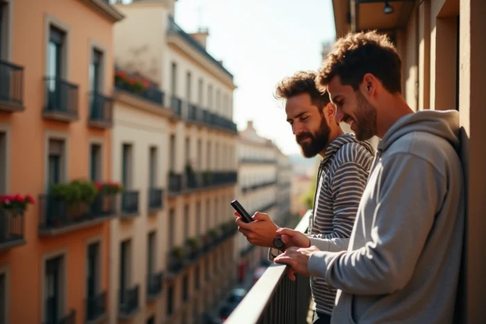 Deux colocataires sur un balcon barcelonais consultant une application de partage de dépenses