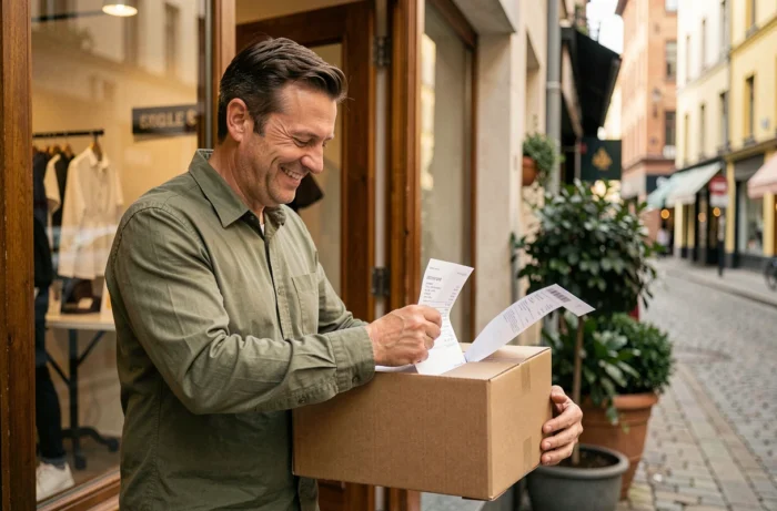 Commerçant souriant réceptionnant un colis livré rapidement devant sa boutique urbaine