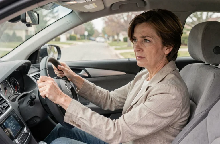 Femme d'une cinquantaine d'années au volant d'une voiture, expression concentrée, illustrant les précautions de conduite après une névrite vestibulaire