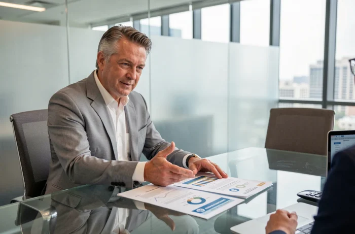 Conseiller financier expliquant le calcul du capital décès d'une assurance vie à un client dans un bureau moderne