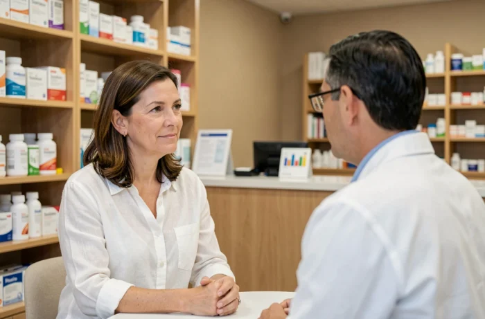 Une femme discutant de conseils santé avec un pharmacien dans une pharmacie moderne et soignée