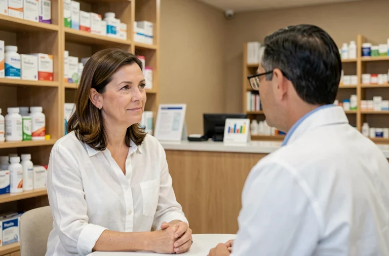 Une femme discutant de conseils santé avec un pharmacien dans une pharmacie moderne et soignée