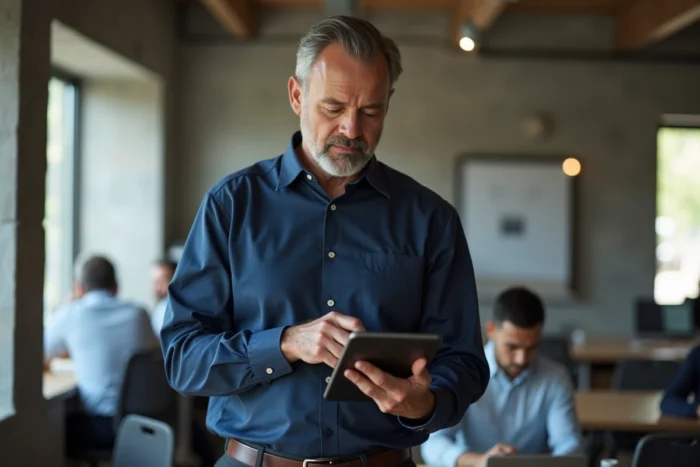 Homme consultant une archive de documents en ligne sur tablette dans un espace de coworking lors d'une transition professionnelle