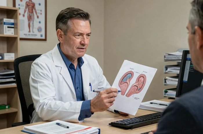 Médecin neurologue expliquant un schéma de l'oreille interne à un patient lors d'une consultation sur les séquelles de la névrite vestibulaire
