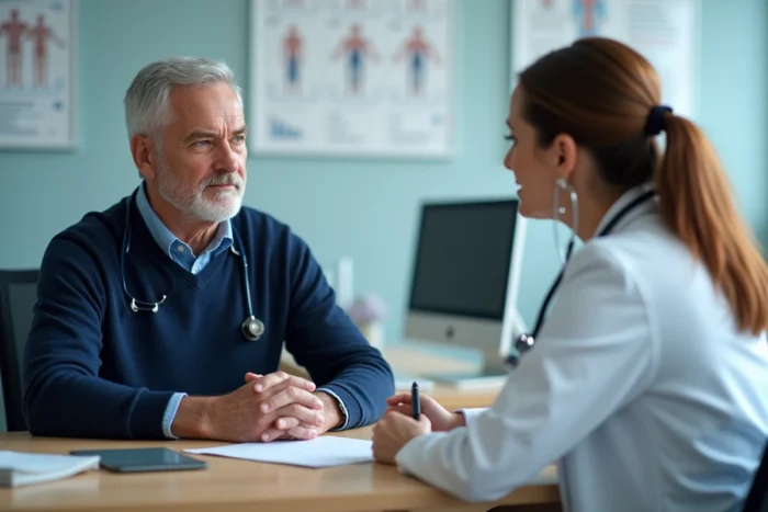 Patient discutant de son plan de sevrage de l'alcool avec une médecin dans un cabinet médical