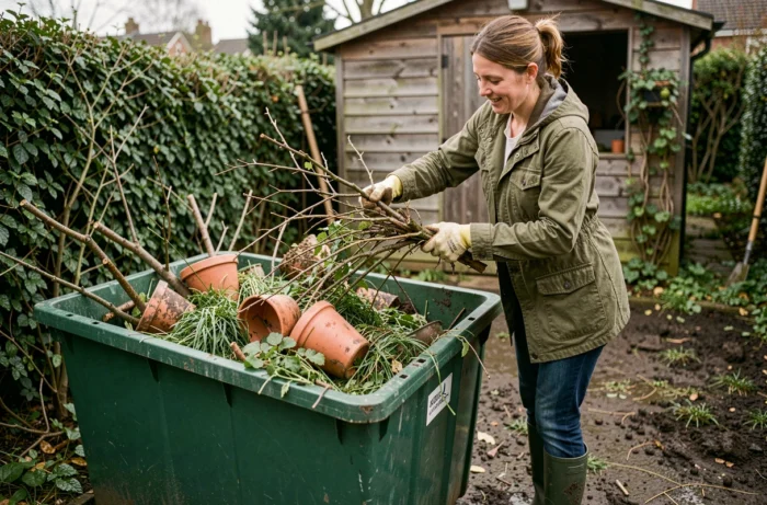Femme remplissant un conteneur benne 3 m³ avec des déchets verts dans un jardin