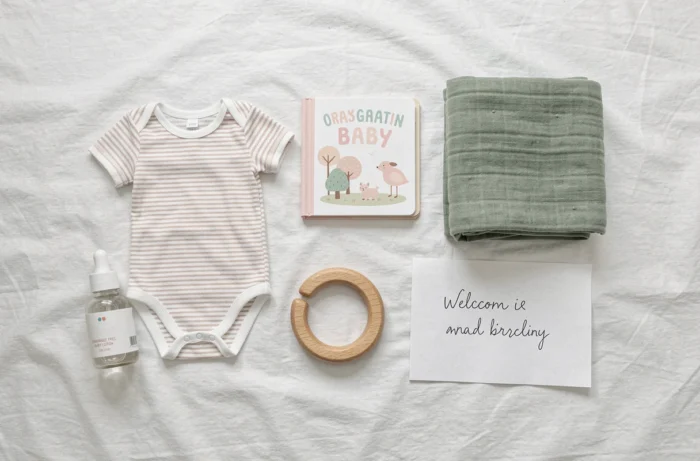 Vue à plat du contenu d'une box bébé avec produits biologiques, vêtements et accessoires pour nouveau-né