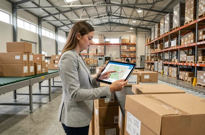 Coordinatrice logistique analysant un plan de livraison sur tablette dans un entrepôt moderne