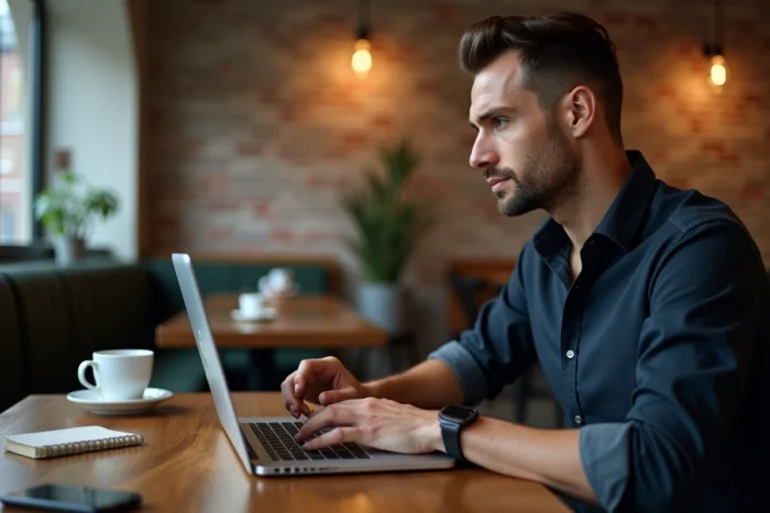 Homme récupérant un lien d'image sur Zupimage depuis un café en utilisant son ordinateur portable
