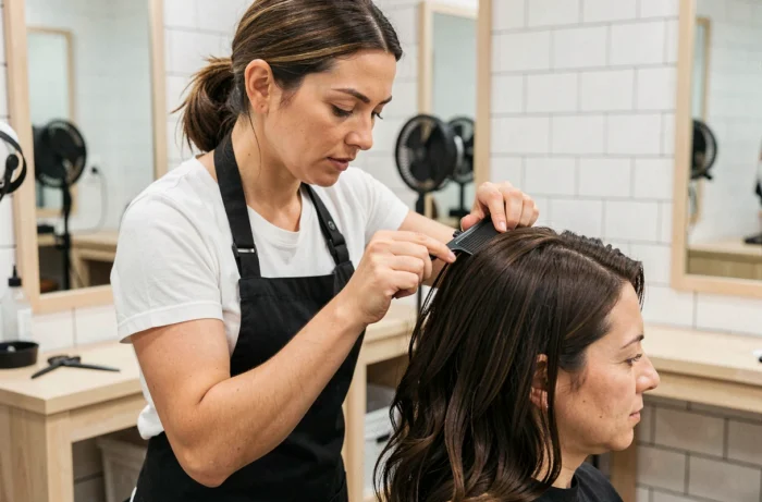 Coiffeuse professionnelle effectuant le sectionnement des cheveux pour une coupe couronne sur une cliente en salon de coiffure moderne